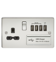 Knightsbridge Flat Plate 13A Switched Socket Quad USB Charger Black Insert (Polished Chrome)